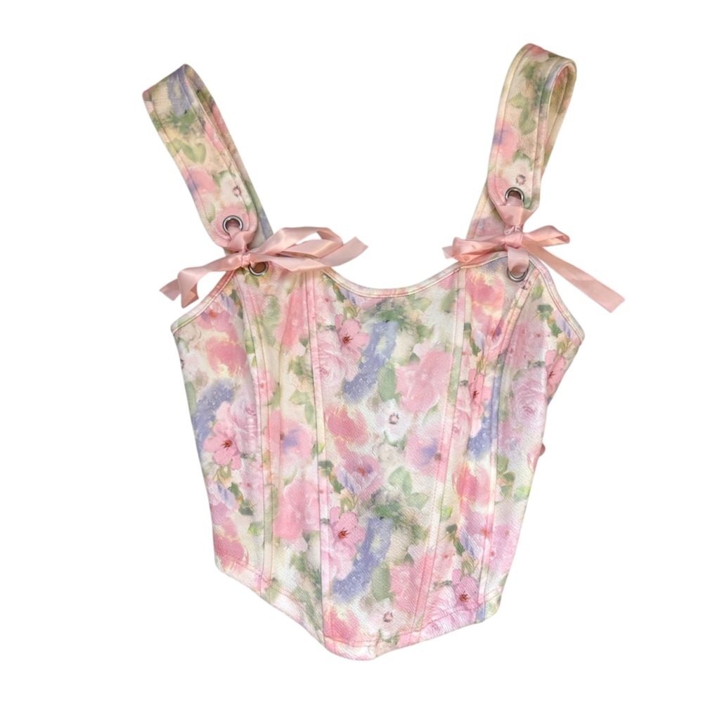 Pink White Floral Size Small Tie Strap Corset Style Top Feminine Coquette Dainty